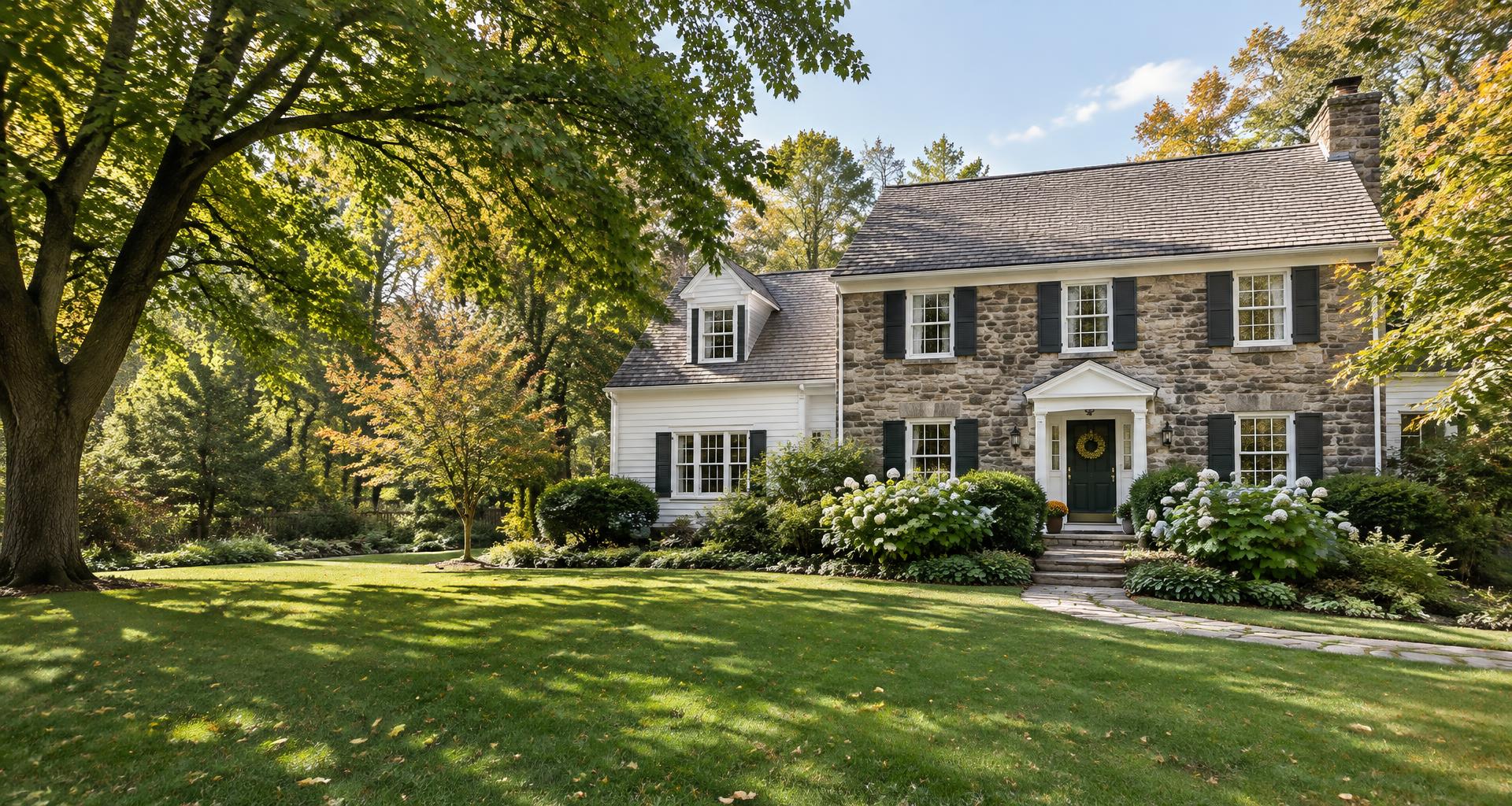 Illustrative Pennsylvania-style stone home with a green lawn and mature trees